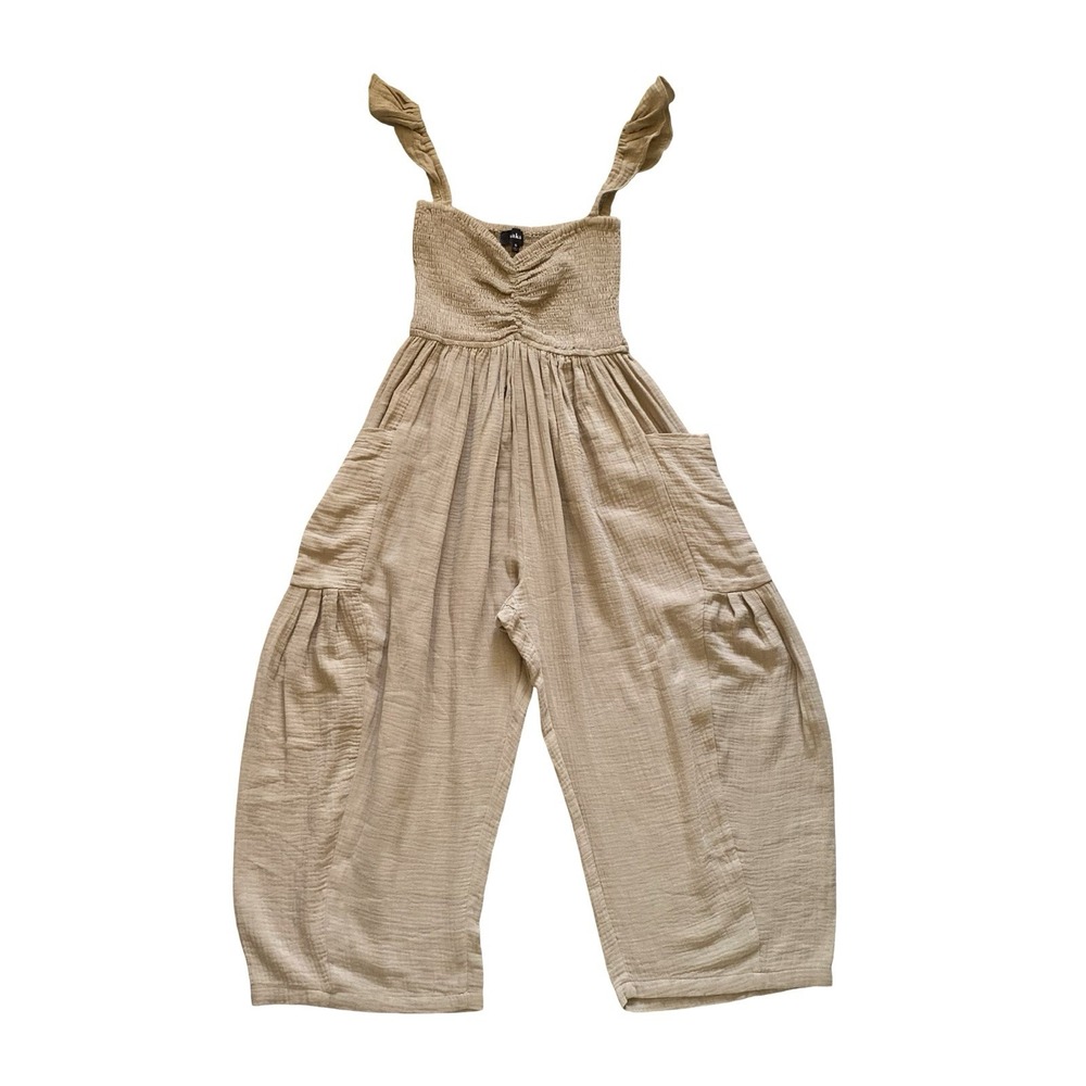Aakaa Gauze Smocked Jumpsuit Small Tan Cotton Ruffle Wide Leg Women's